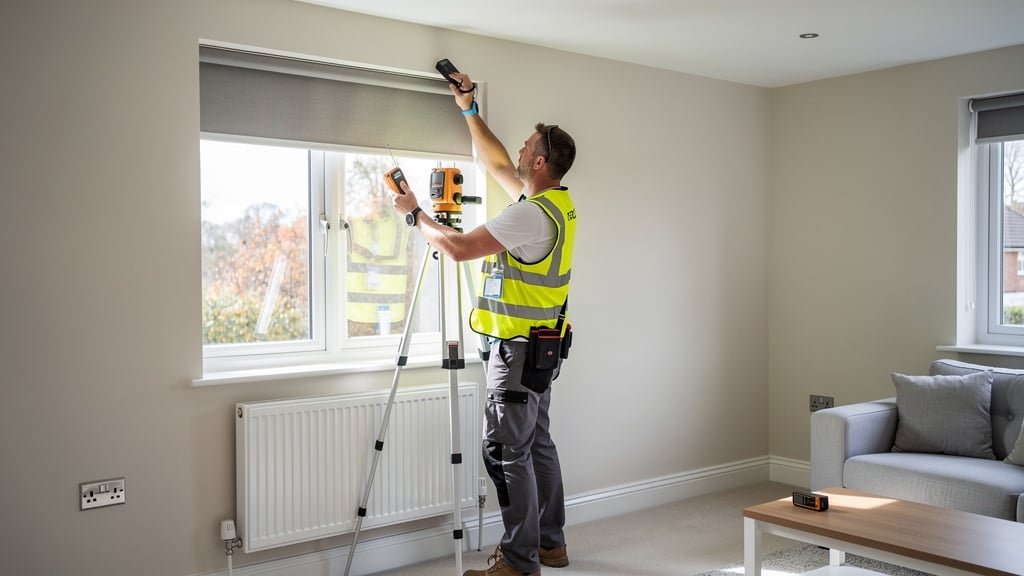 Professional property surveyor conducting home inspection